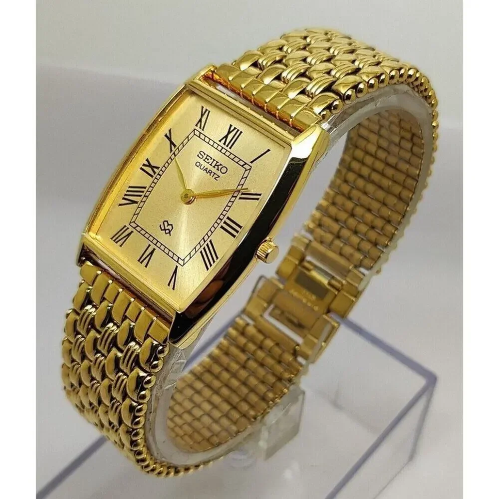 Vintage Style Seiko Quartz Mens Gold Watch & Black accents W/ Metal Strap